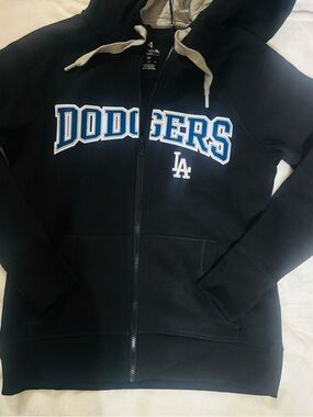 MLB Dodgers Women’s Black Zip-Up Hoodie with Blue & White Embroidered Patches